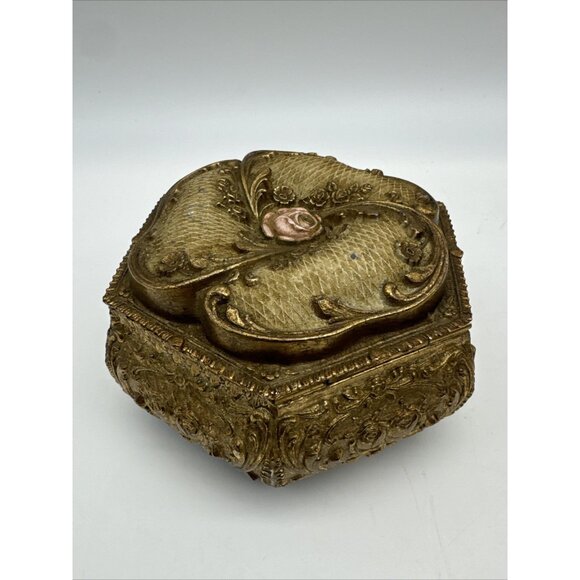 Vintage Ornate Gold Metal Rose Floral Octagon Lined Trinket Vanity Box Jewelry - Picture 1 of 16